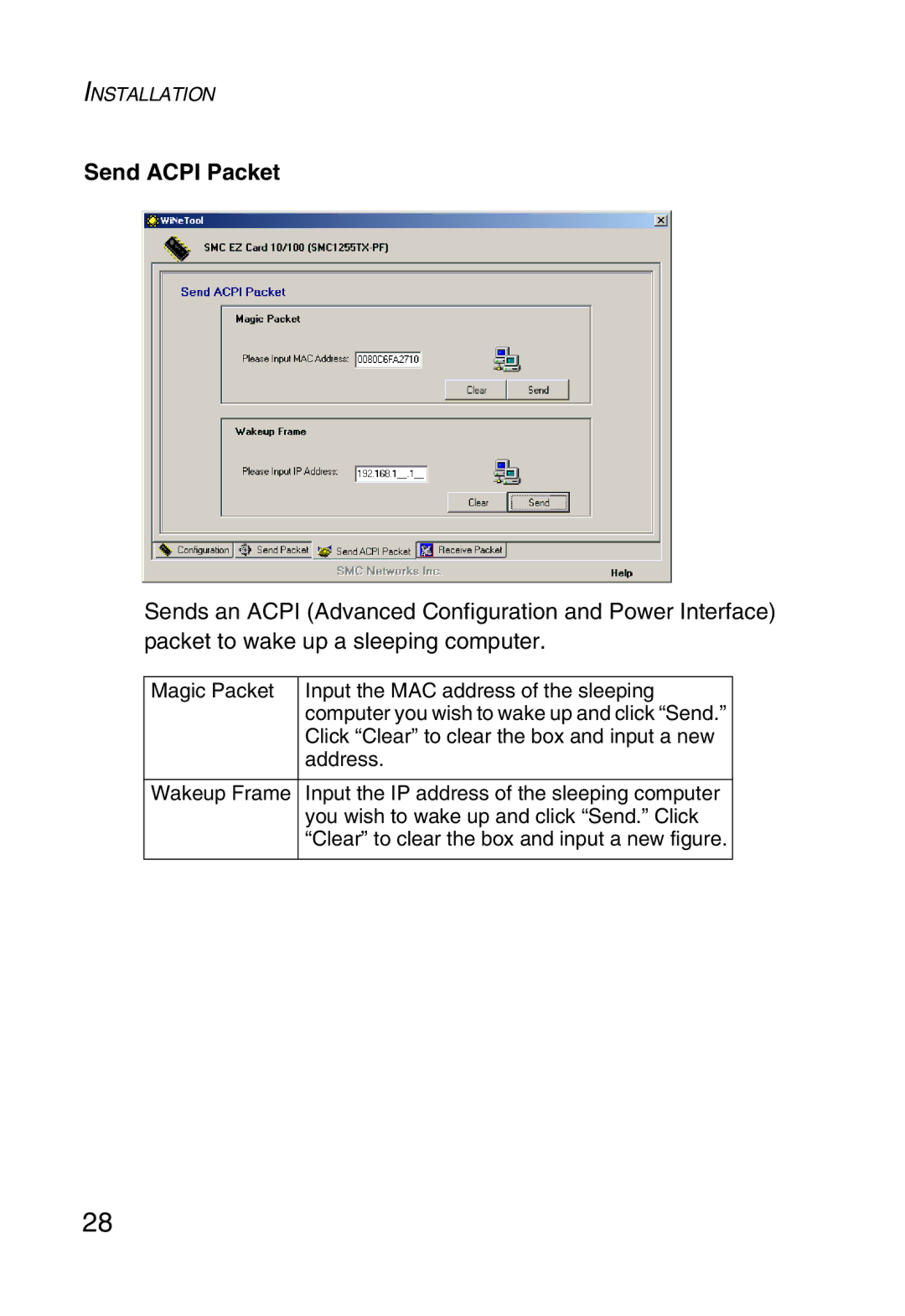 SMC Networks SMC1255TX manual Send Acpi Packet 