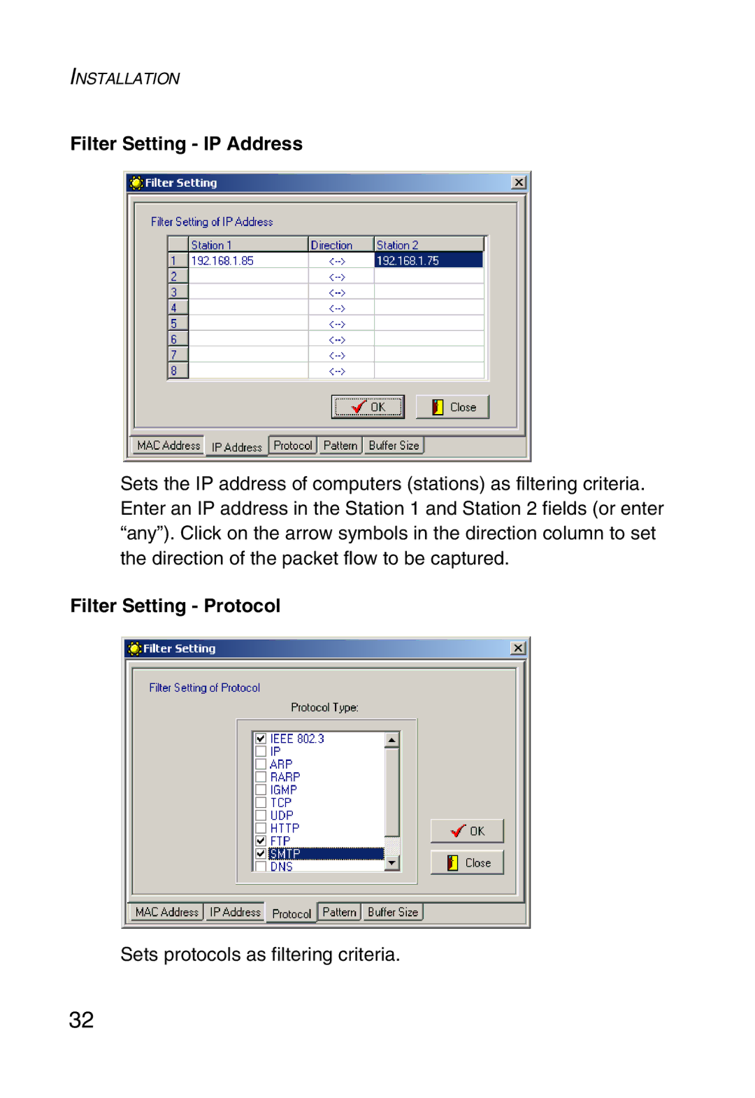 SMC Networks SMC1255TX manual Filter Setting IP Address, Filter Setting Protocol 