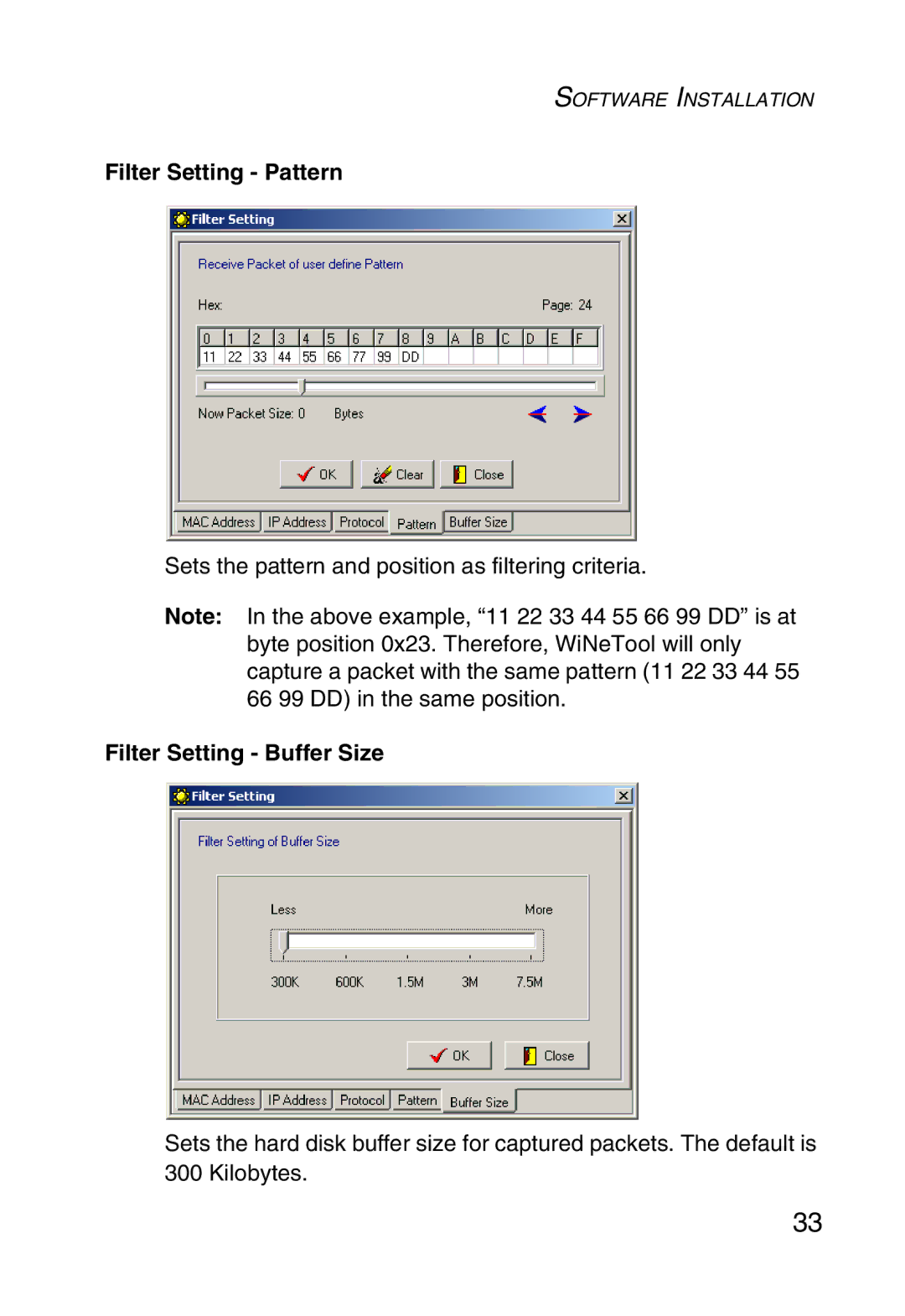 SMC Networks SMC1255TX manual Filter Setting Pattern, Filter Setting Buffer Size 