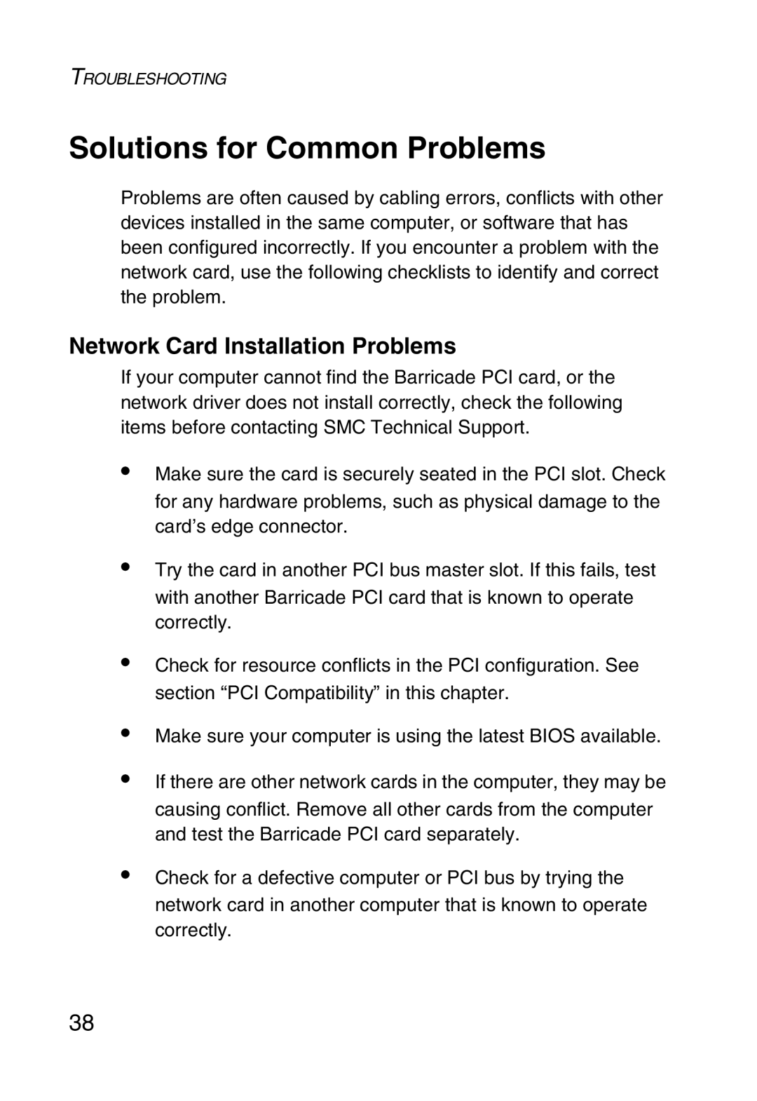 SMC Networks SMC1255TX manual Solutions for Common Problems, Network Card Installation Problems 