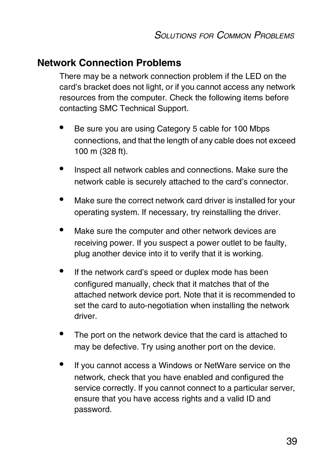 SMC Networks SMC1255TX manual Network Connection Problems 