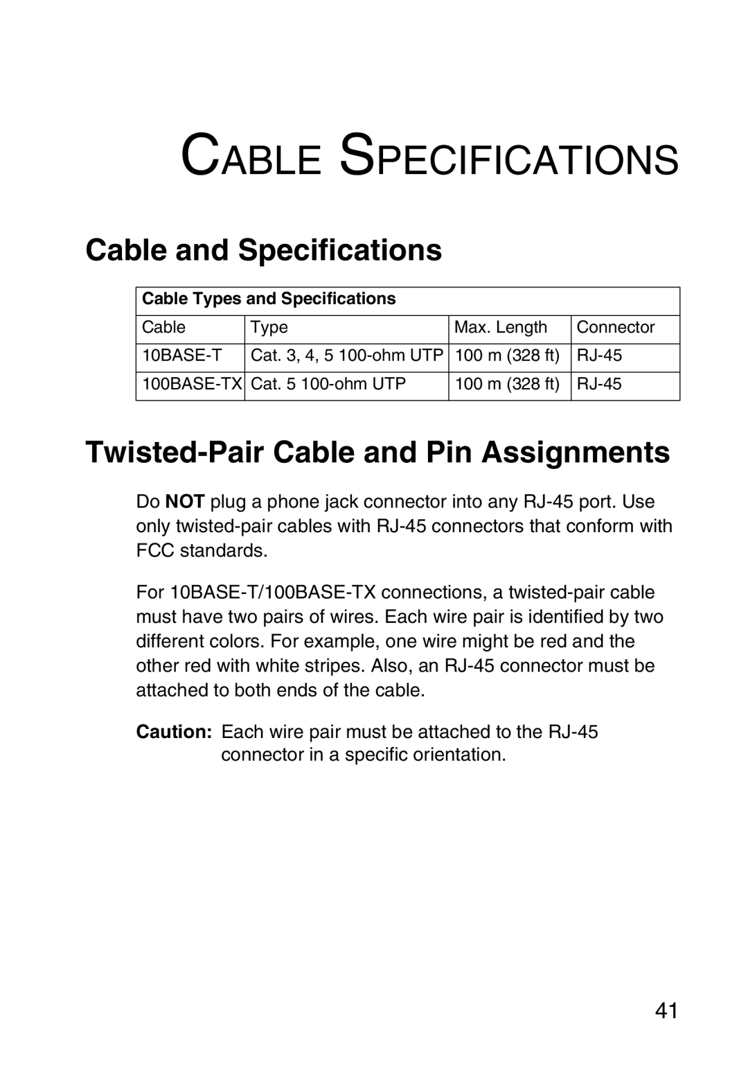 SMC Networks SMC1255TX manual Cable Specifications, Cable and Specifications, Twisted-Pair Cable and Pin Assignments 