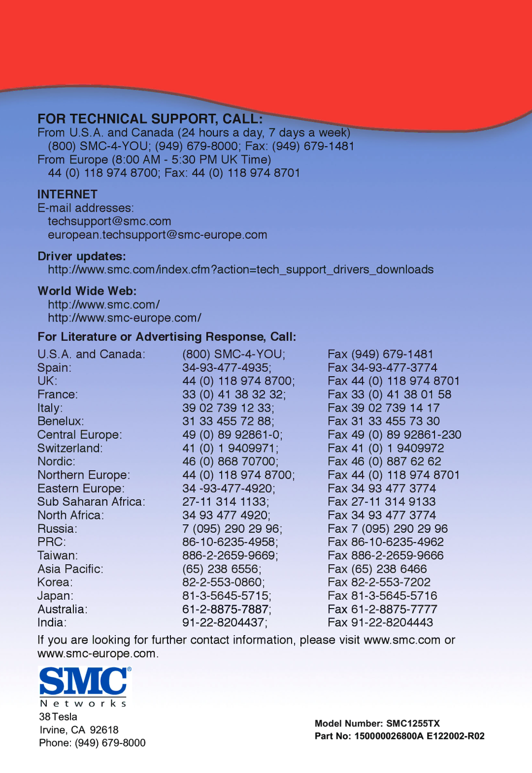 SMC Networks SMC1255TX manual For Technical SUPPORT, Call 