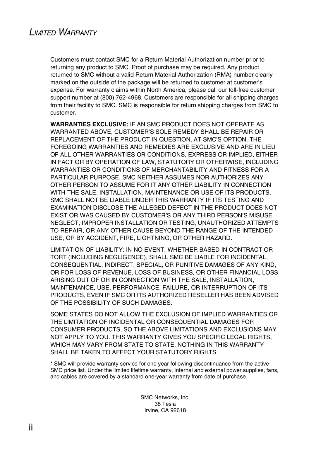 SMC Networks SMC1255TX manual Limited Warranty 