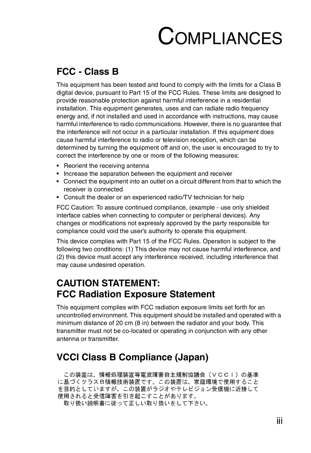 SMC Networks SMC1255TX manual Compliances, FCC Class B, FCC Radiation Exposure Statement, Vcci Class B Compliance Japan 