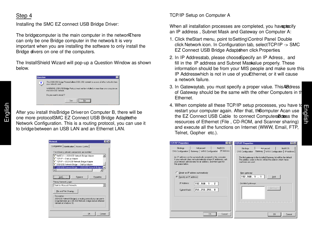 SMC Networks SMC2004 manual Installing the SMC EZ connect USB Bridge Driver, TCP/IP Setup on Computer a 