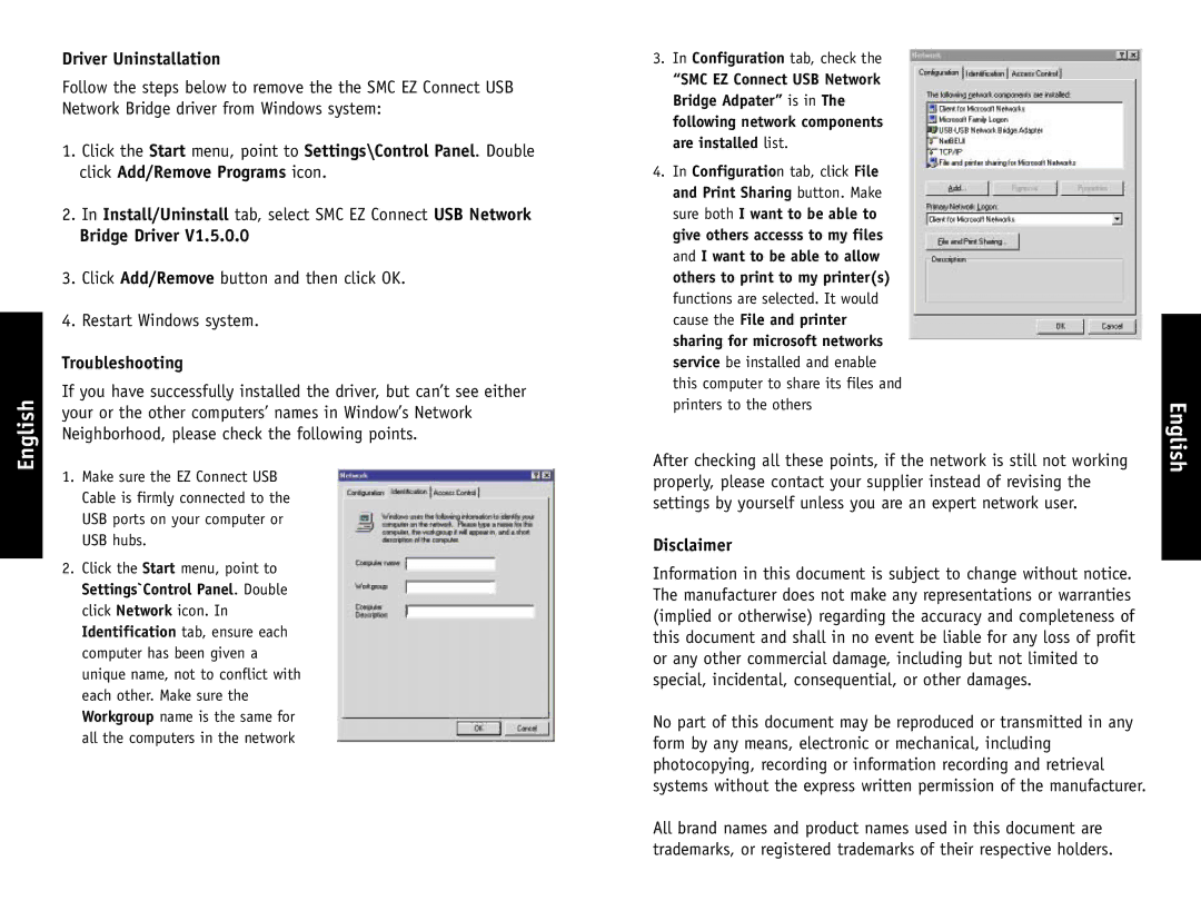 SMC Networks SMC2004 manual Driver Uninstallation, Install/Uninstall tab, select SMC EZ Connect USB Network, Bridge Driver 