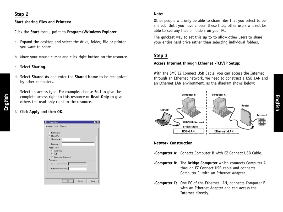 SMC Networks SMC2004 Start sharing files and Printers, Click the Start menu, point to Programs\Windows Explorer, English 