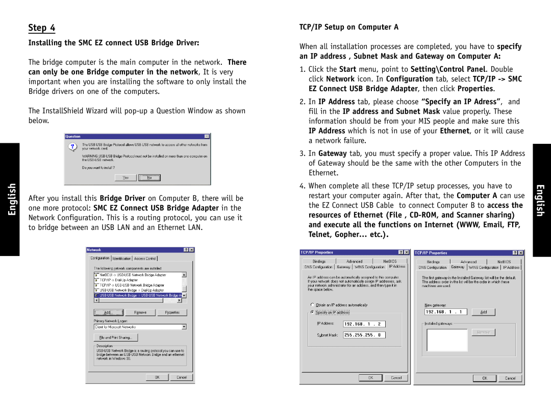 SMC Networks SMC2004 manual Installing the SMC EZ connect USB Bridge Driver, TCP/IP Setup on Computer A, English, Step 