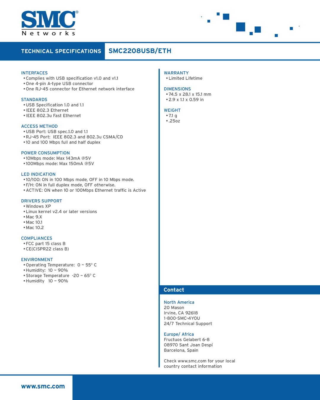 SMC Networks manual Technical Specifications SMC2208USB/ETH, Contact 