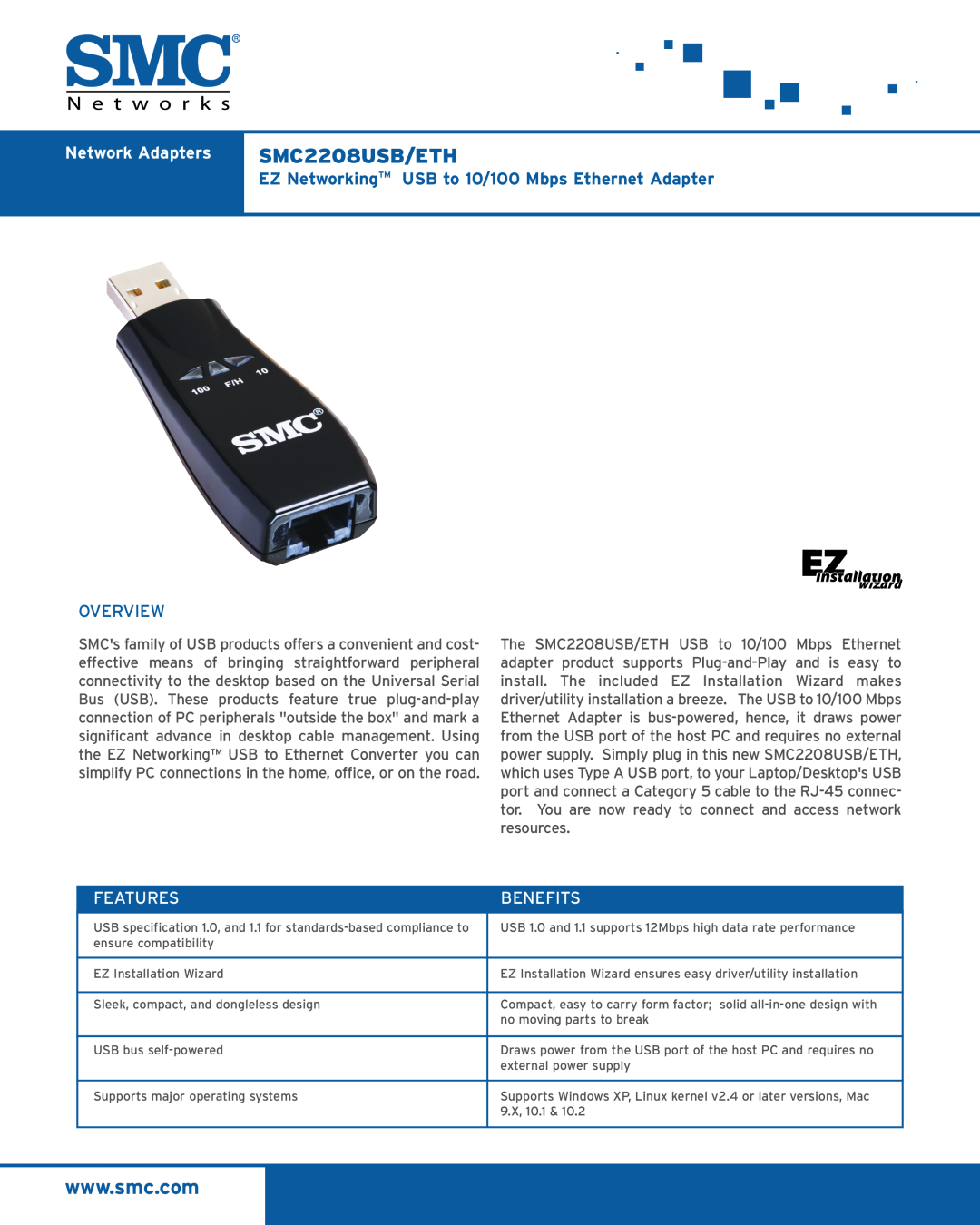 SMC Networks SMC2208USB/ETH manual Network Adapters, EZ NetworkingTM USB to 10/100 Mbps Ethernet Adapter, Overview 