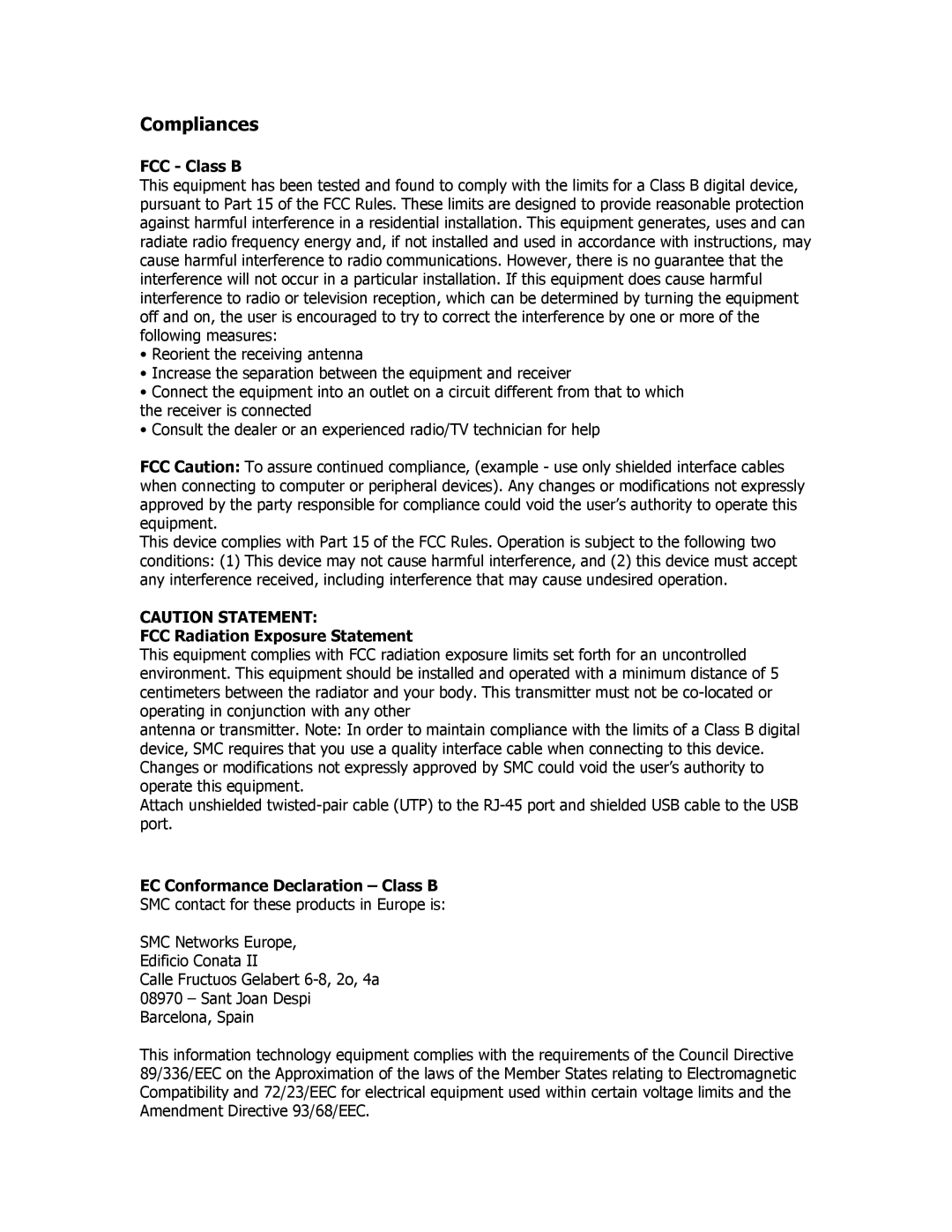 SMC Networks SMC2209USB/ETH Compliances, FCC Class B, FCC Radiation Exposure Statement, EC Conformance Declaration Class B 