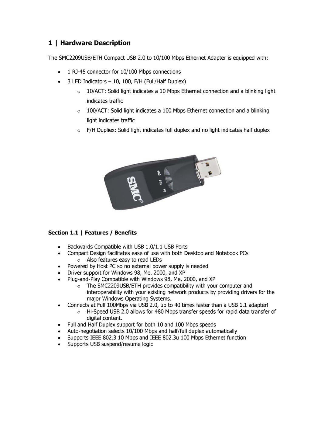 SMC Networks SMC2209USB/ETH manual Hardware Description, Features / Benefits 