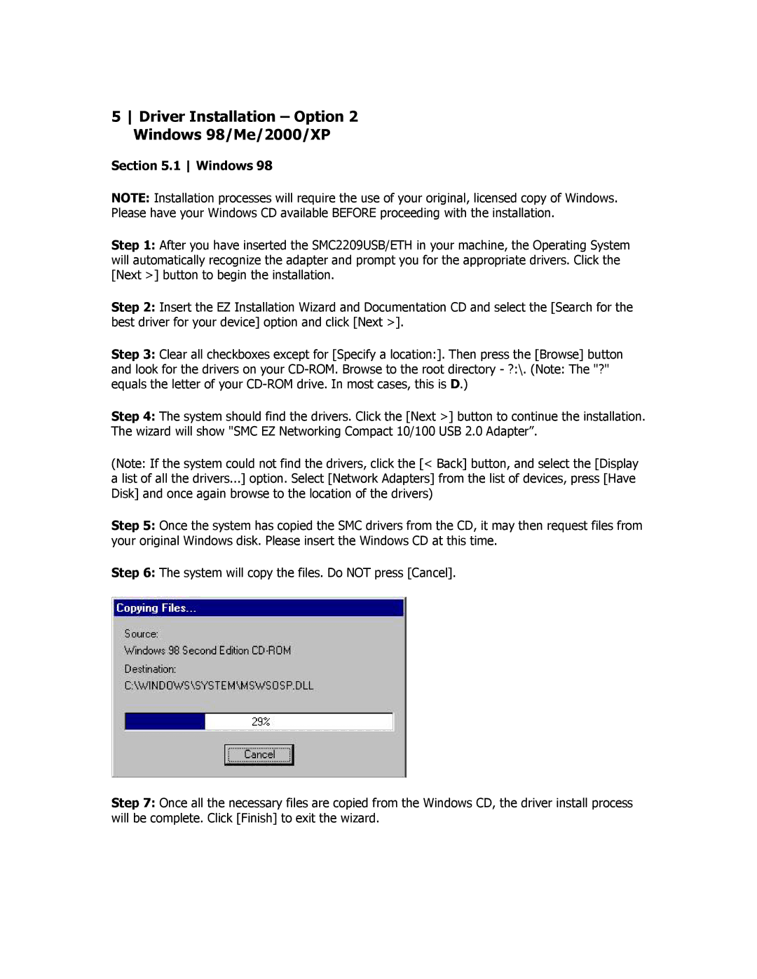 SMC Networks SMC2209USB/ETH manual Driver Installation Option 2 Windows 98/Me/2000/XP 