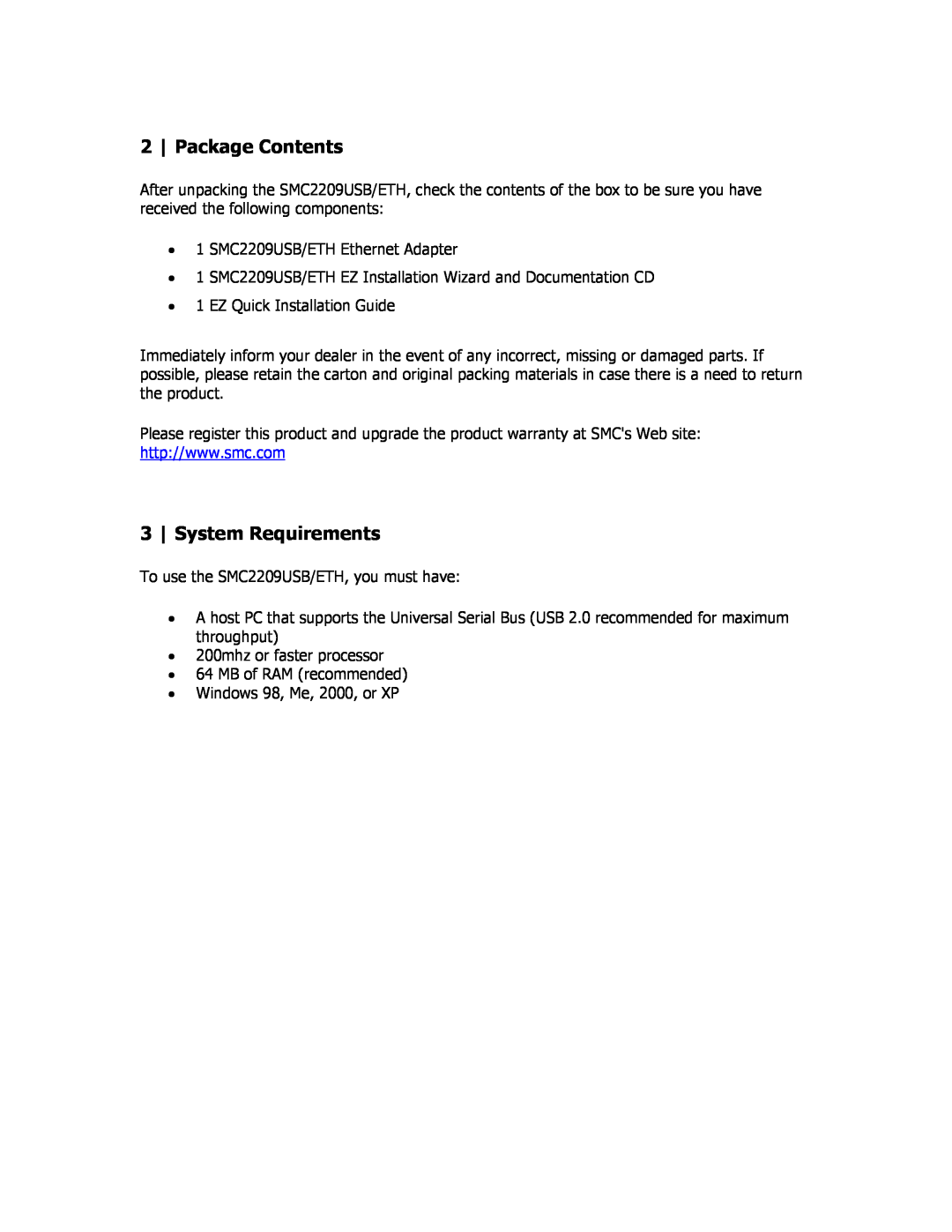SMC Networks SMC2209USB/ETH manual Package Contents, System Requirements 