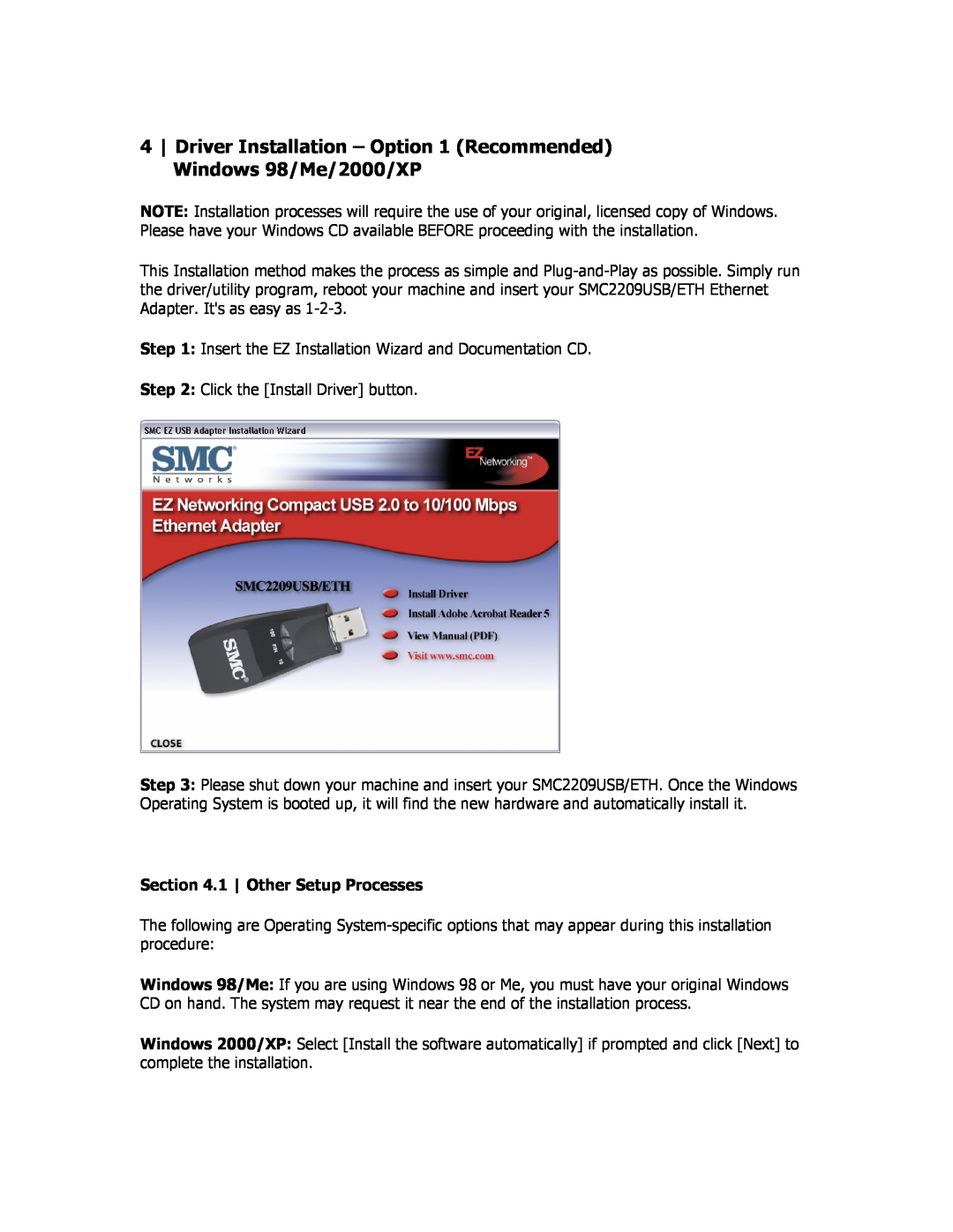 SMC Networks SMC2209USB/ETH Driver Installation - Option 1 Recommended Windows 98/Me/2000/XP, 1 Other Setup Processes 