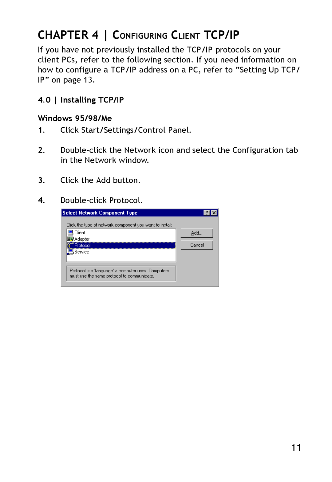 SMC Networks SMC2304WBR-AG manual Configuring Client TCP/IP, Installing TCP/IP Windows 95/98/Me 