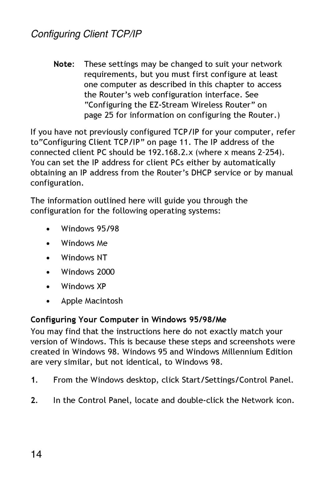 SMC Networks SMC2304WBR-AG manual Configuring Your Computer in Windows 95/98/Me 