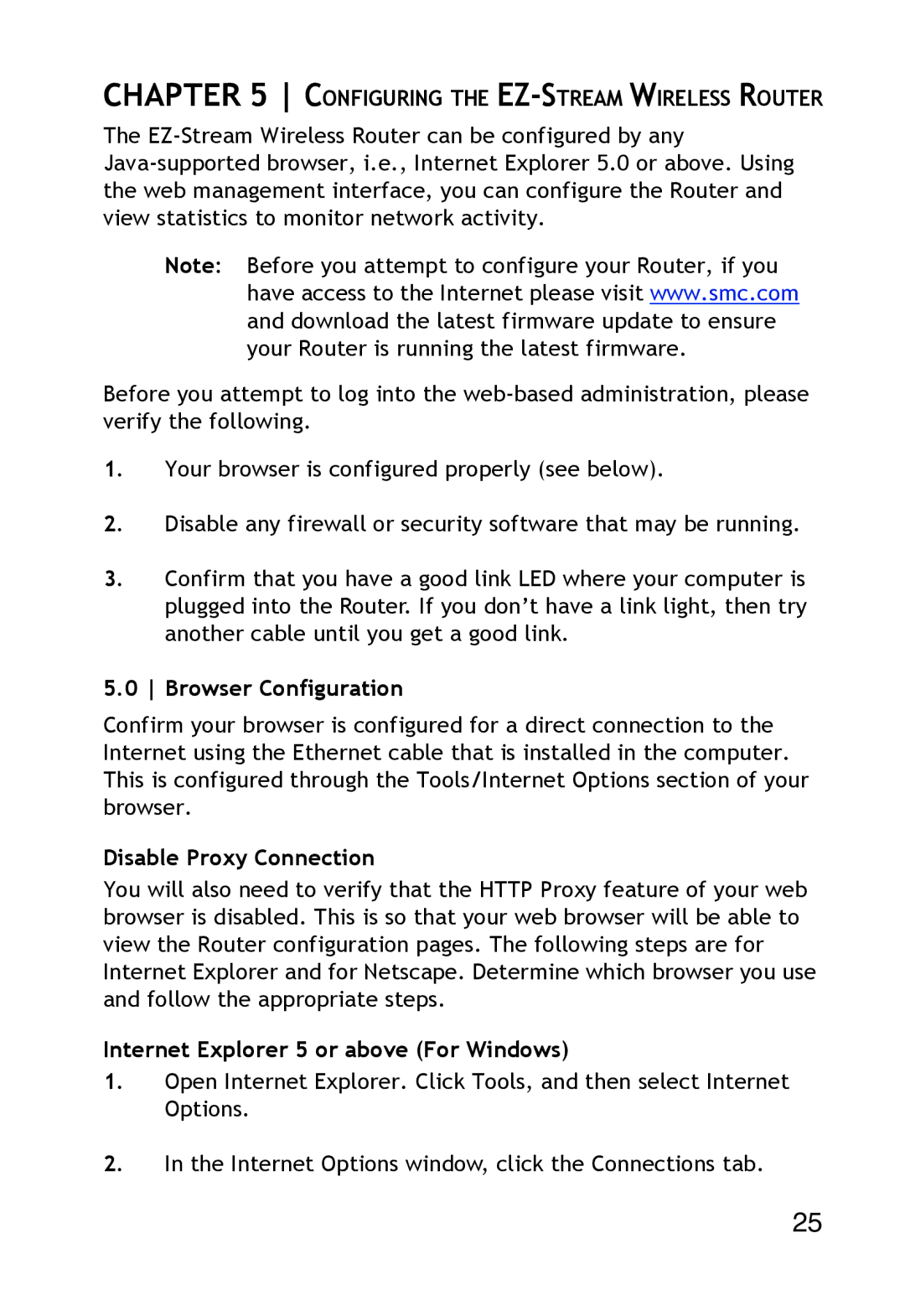 SMC Networks SMC2304WBR-AG Configuring the EZ-STREAM Wireless Router, Browser Configuration, Disable Proxy Connection 