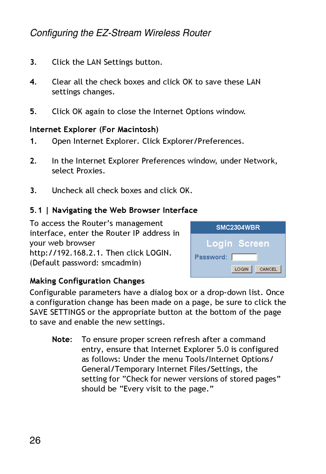 SMC Networks SMC2304WBR-AG manual Configuring the EZ-Stream Wireless Router, Internet Explorer For Macintosh 