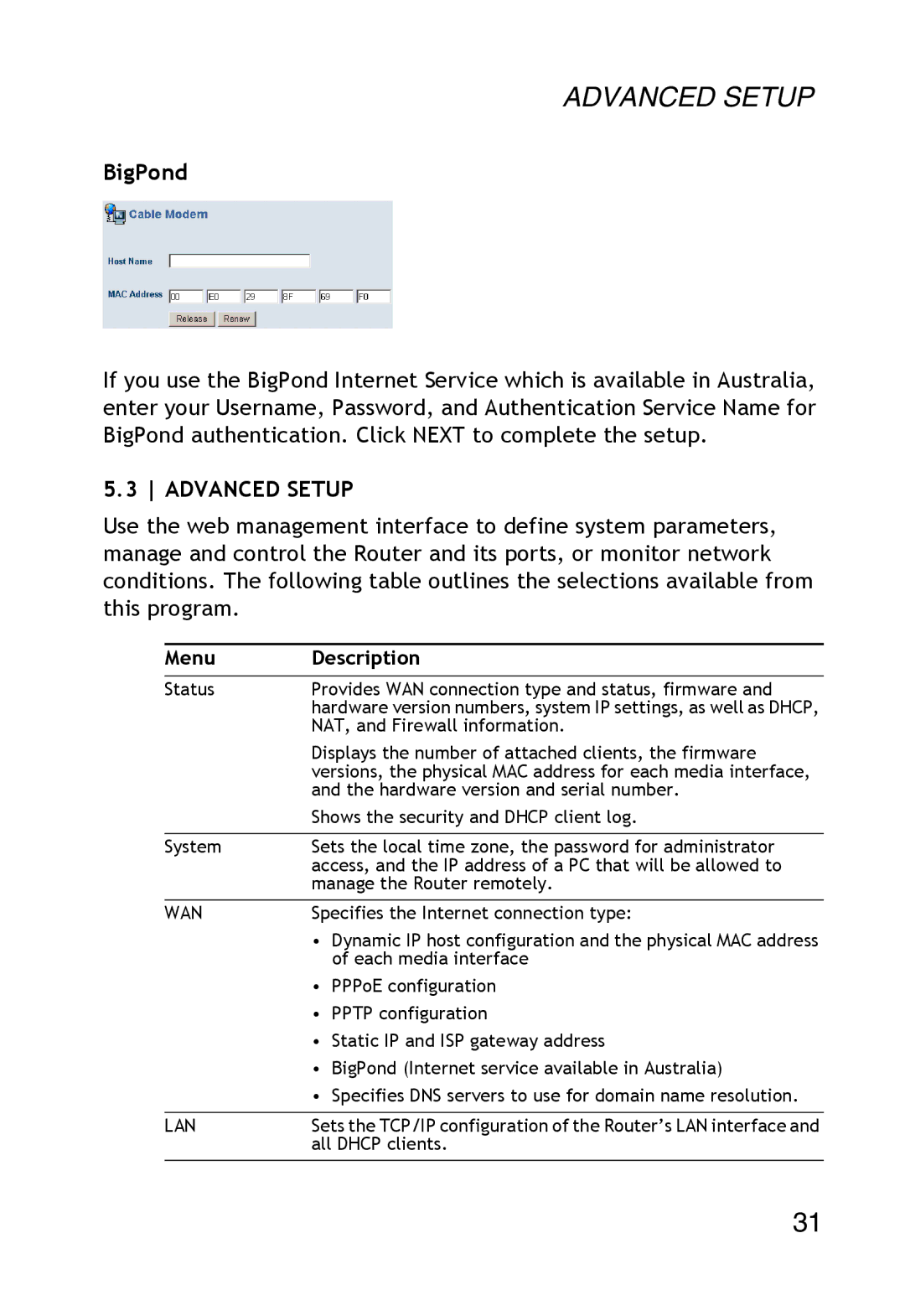 SMC Networks SMC2304WBR-AG manual BigPond, Advanced Setup, Menu Description 