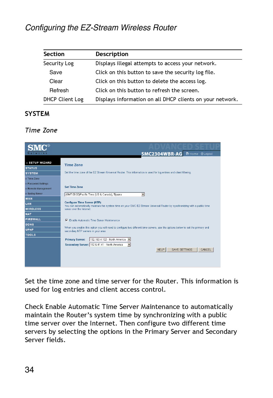 SMC Networks SMC2304WBR-AG manual System, Time Zone 