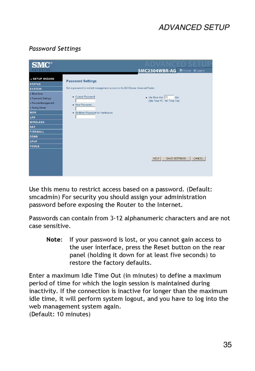 SMC Networks SMC2304WBR-AG manual Password Settings 