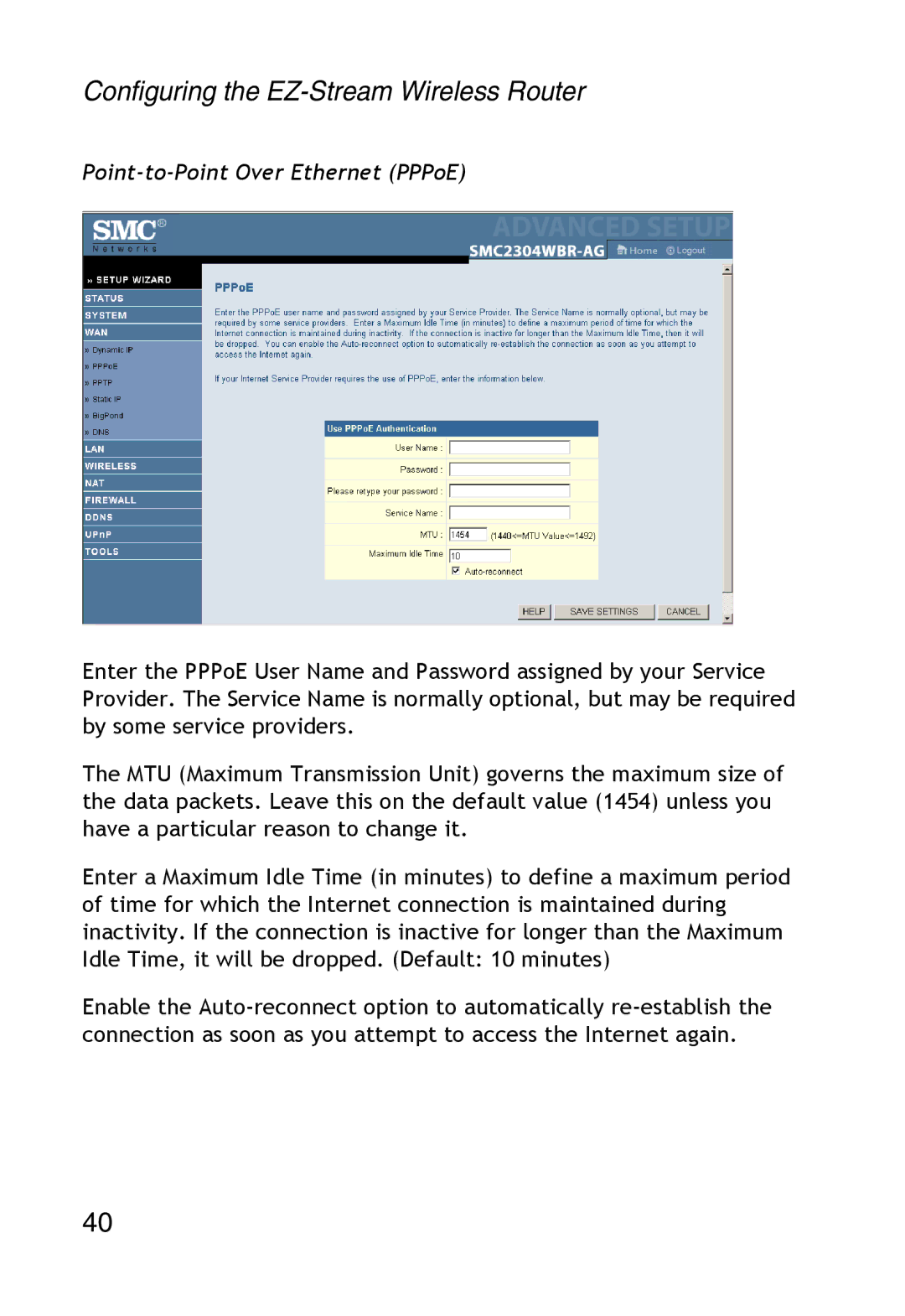 SMC Networks SMC2304WBR-AG manual Point-to-Point Over Ethernet PPPoE 