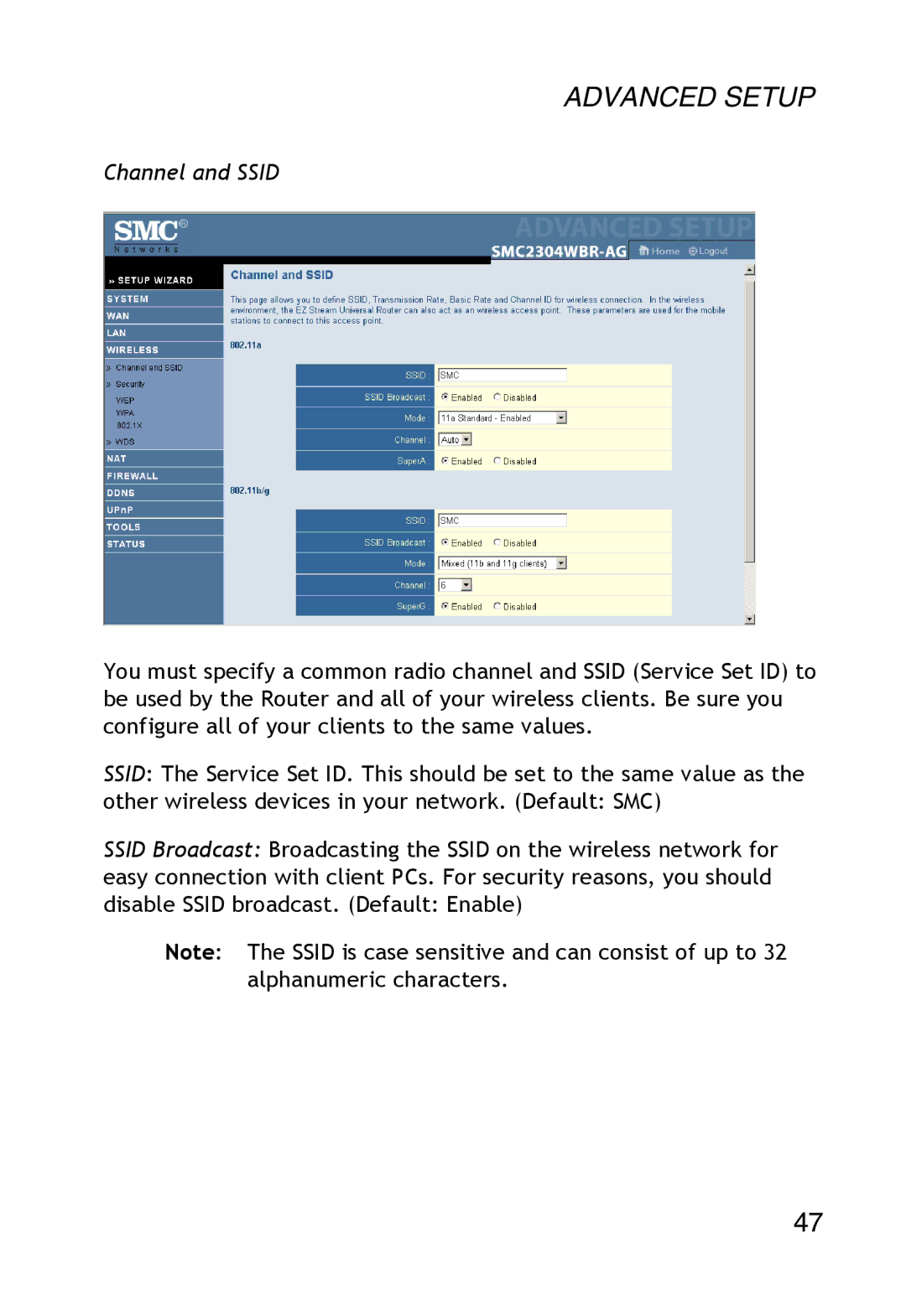 SMC Networks SMC2304WBR-AG manual Channel and Ssid 