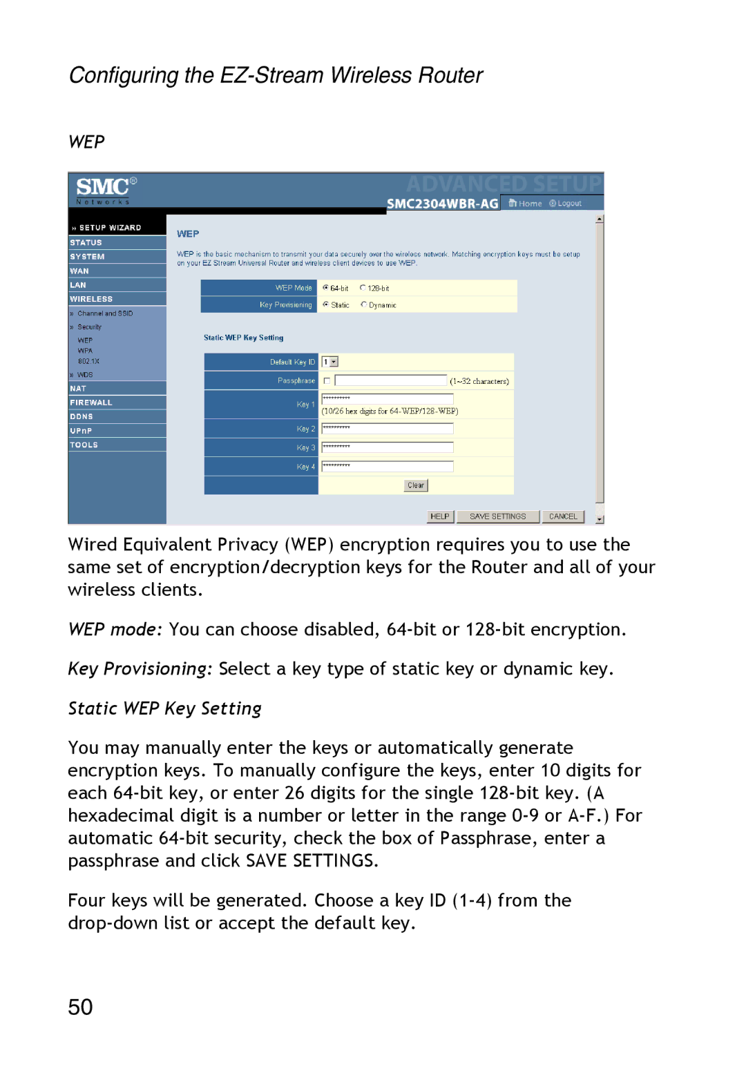 SMC Networks SMC2304WBR-AG manual Wep, Static WEP Key Setting 