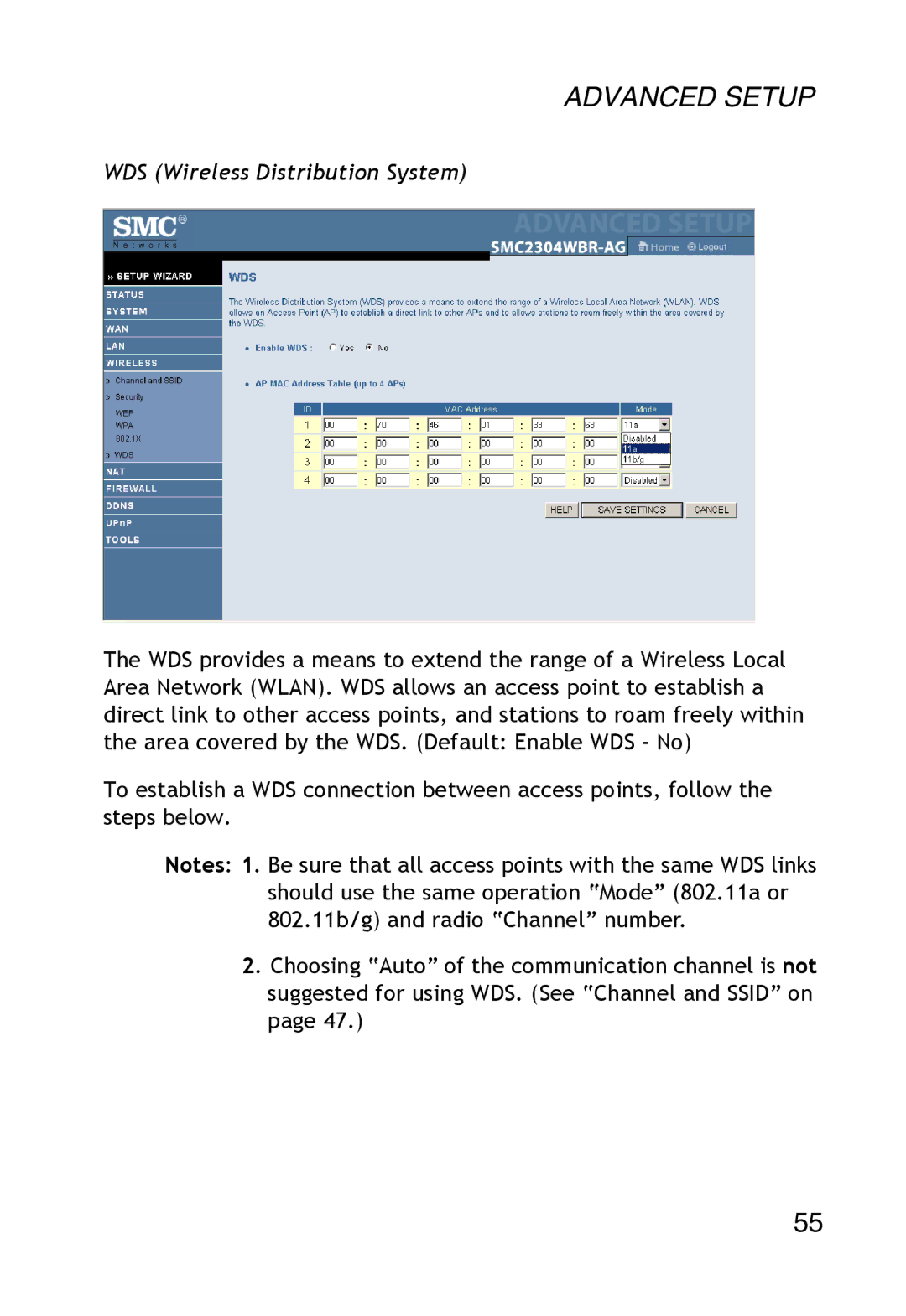 SMC Networks SMC2304WBR-AG manual WDS Wireless Distribution System 