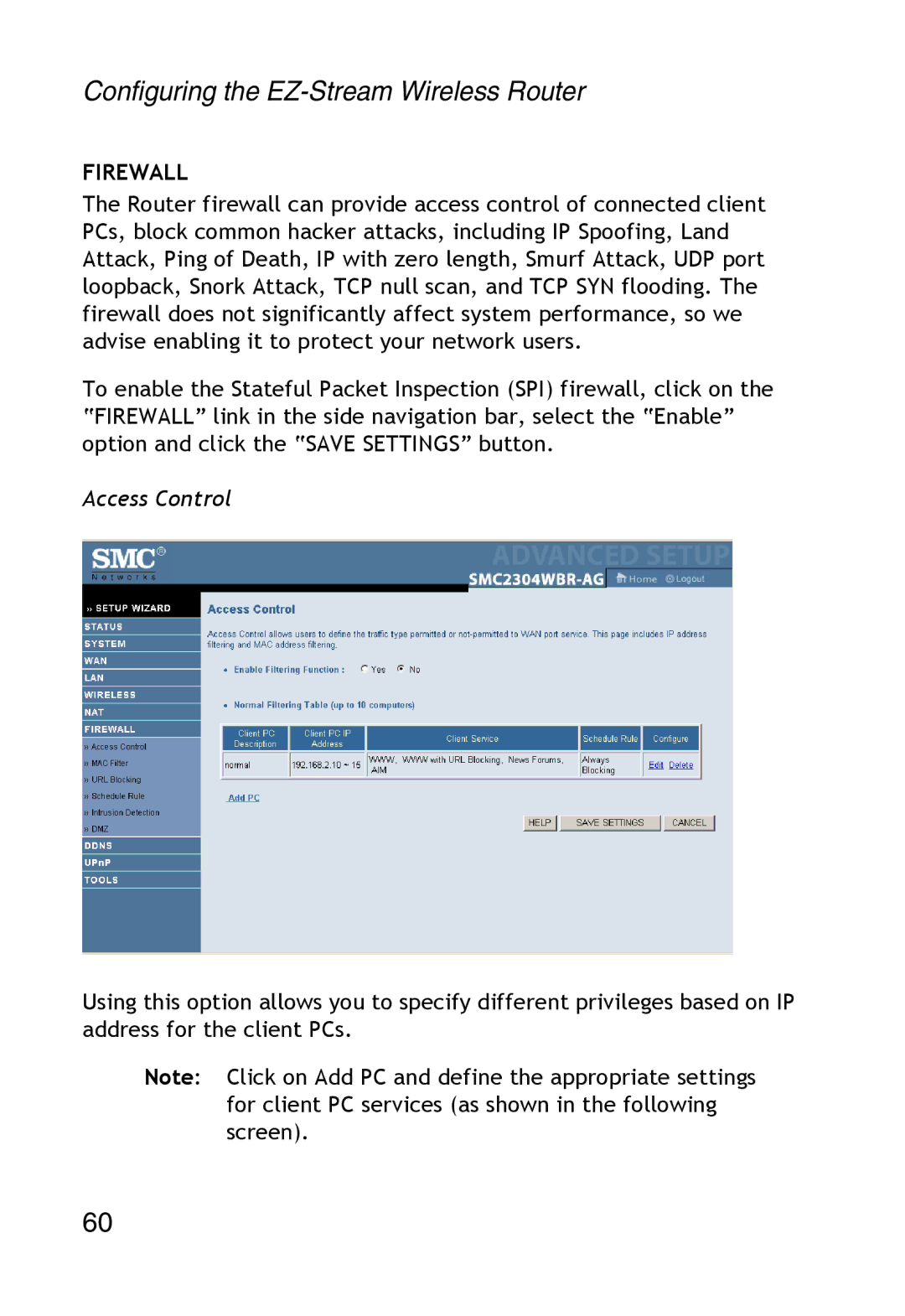 SMC Networks SMC2304WBR-AG manual Firewall, Access Control 