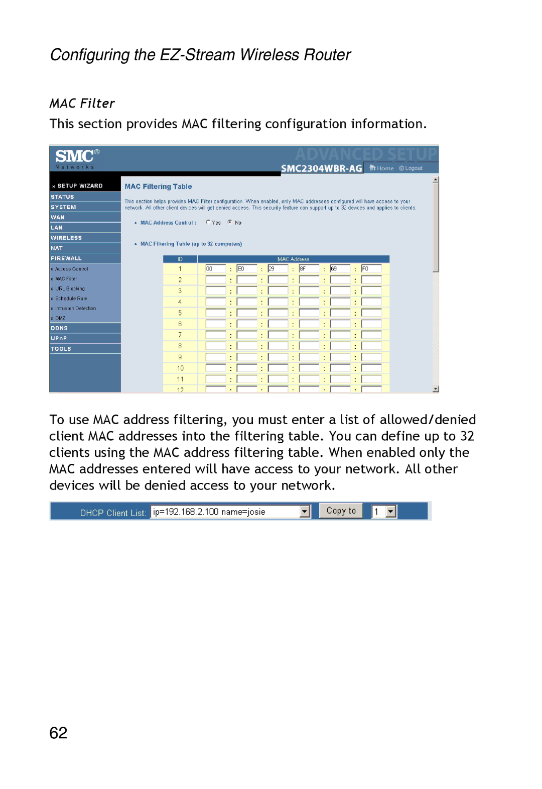 SMC Networks SMC2304WBR-AG manual MAC Filter 