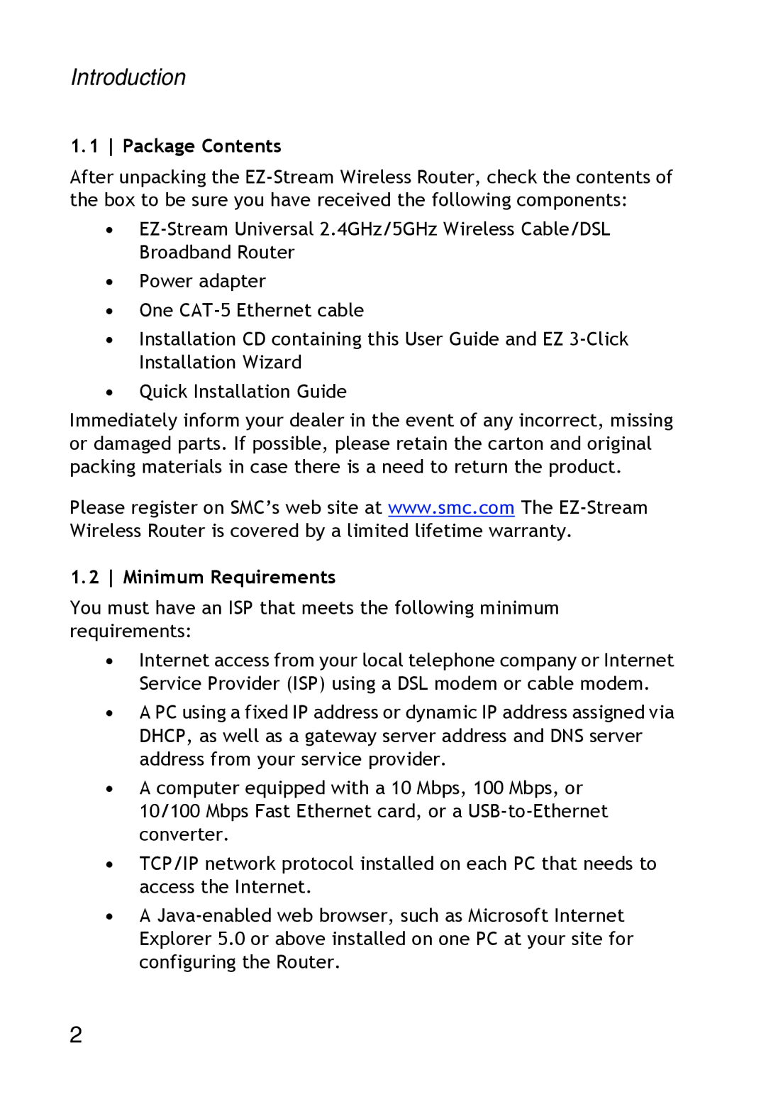 SMC Networks SMC2304WBR-AG manual Introduction, Package Contents, Minimum Requirements 