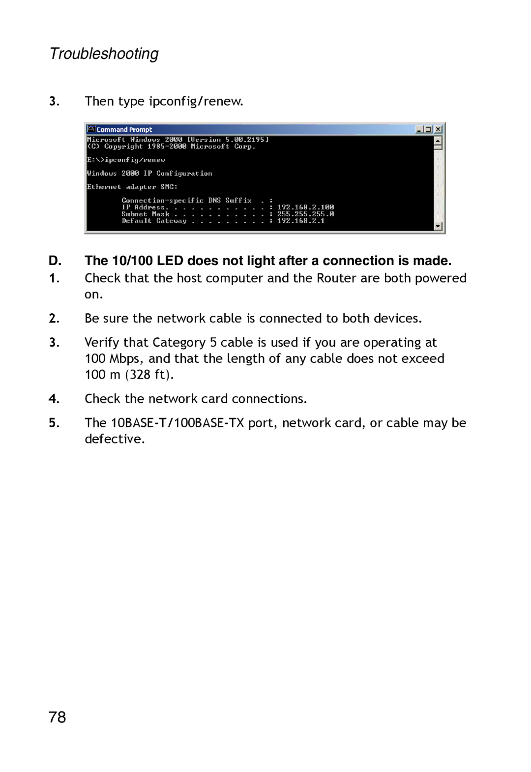 SMC Networks SMC2304WBR-AG manual 10/100 LED does not light after a connection is made 