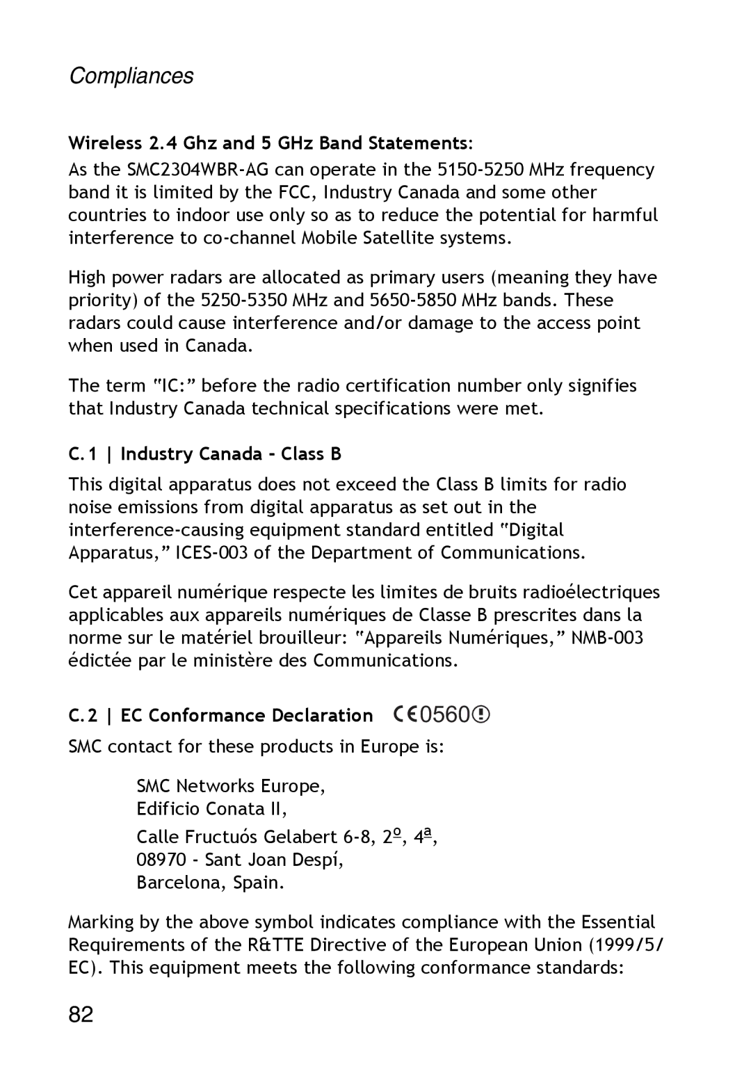 SMC Networks SMC2304WBR-AG manual Compliances, Wireless 2.4 Ghz and 5 GHz Band Statements, Industry Canada Class B 