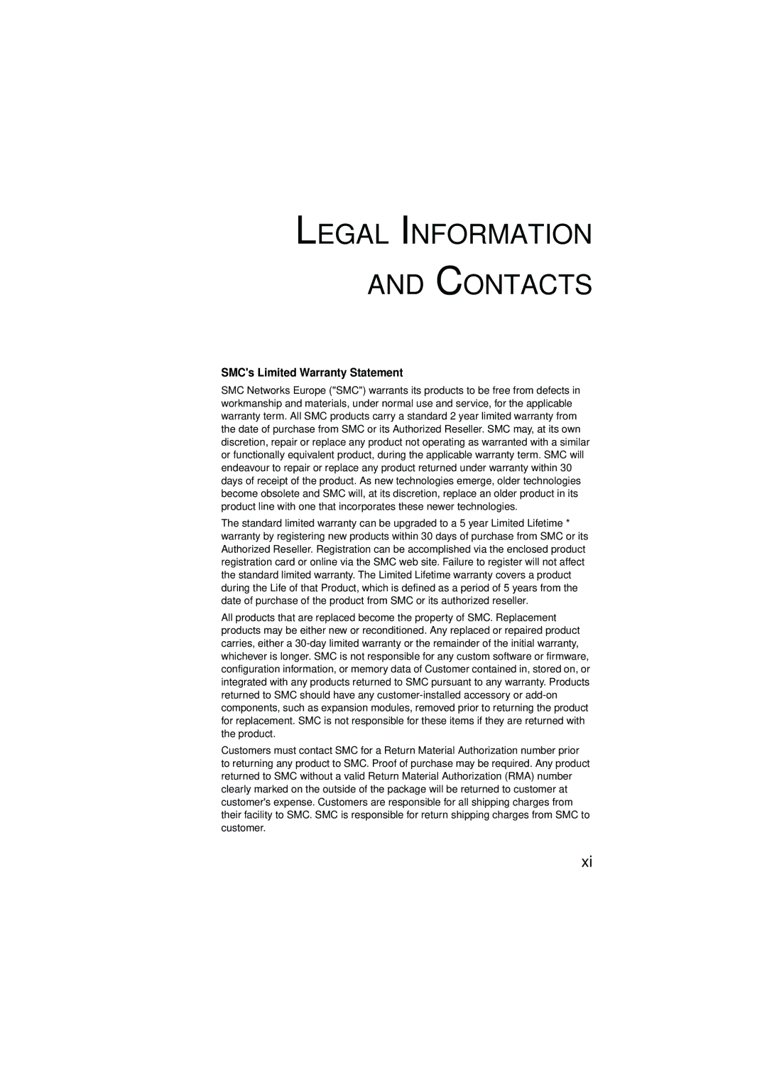 SMC Networks SMC2304WBRA-AG manual Legal Information Contacts, SMCs Limited Warranty Statement 