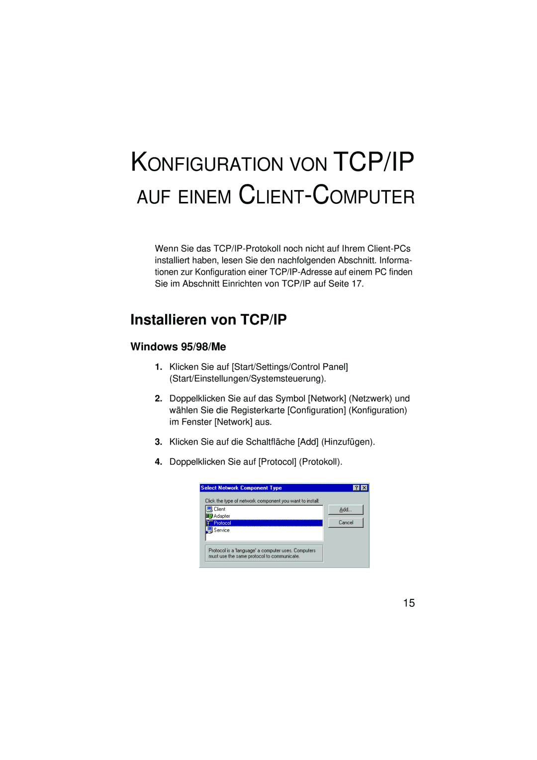 SMC Networks SMC2304WBRA-AG manual Installieren von TCP/IP, Windows 95/98/Me 