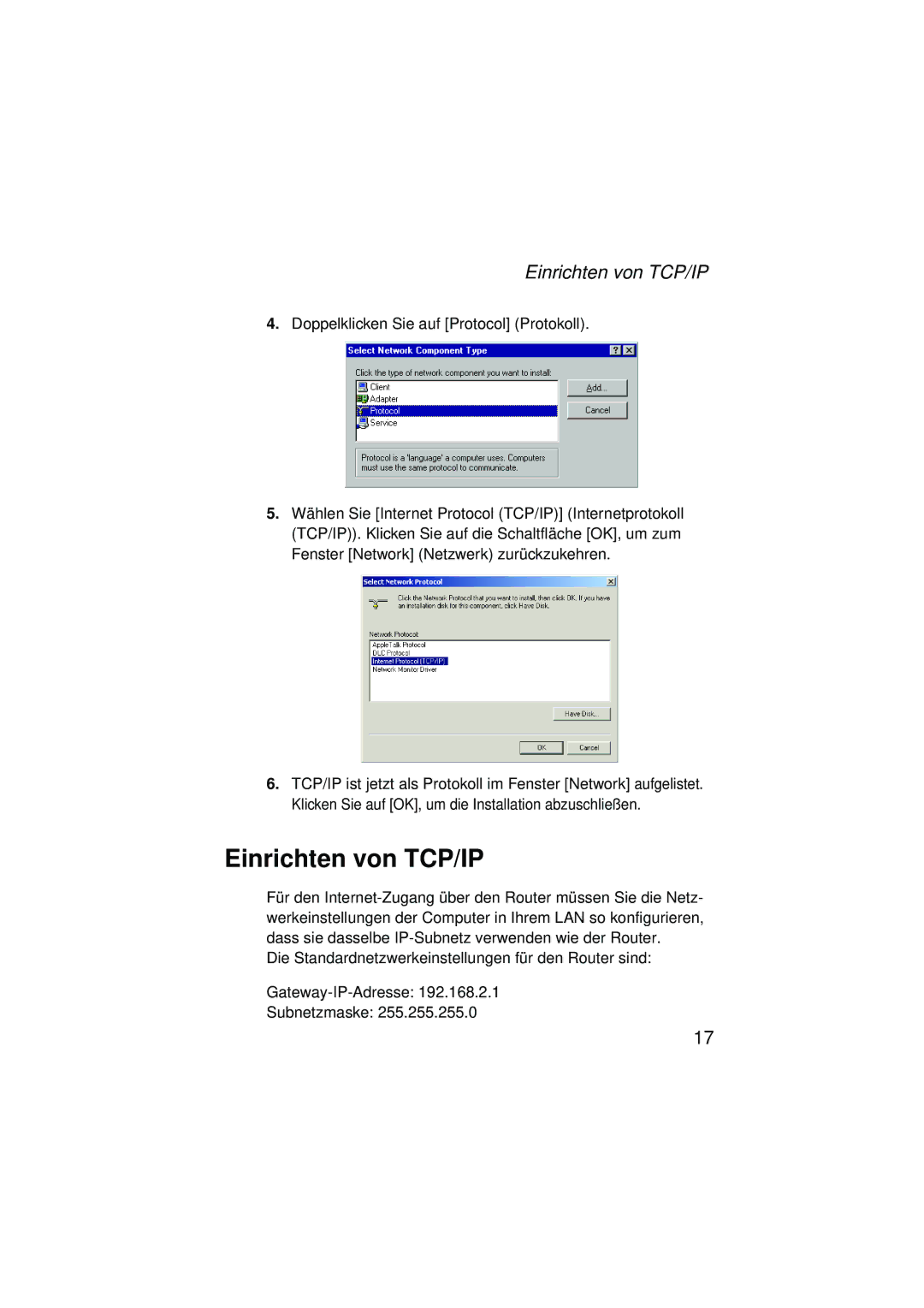 SMC Networks SMC2304WBRA-AG manual Einrichten von TCP/IP 