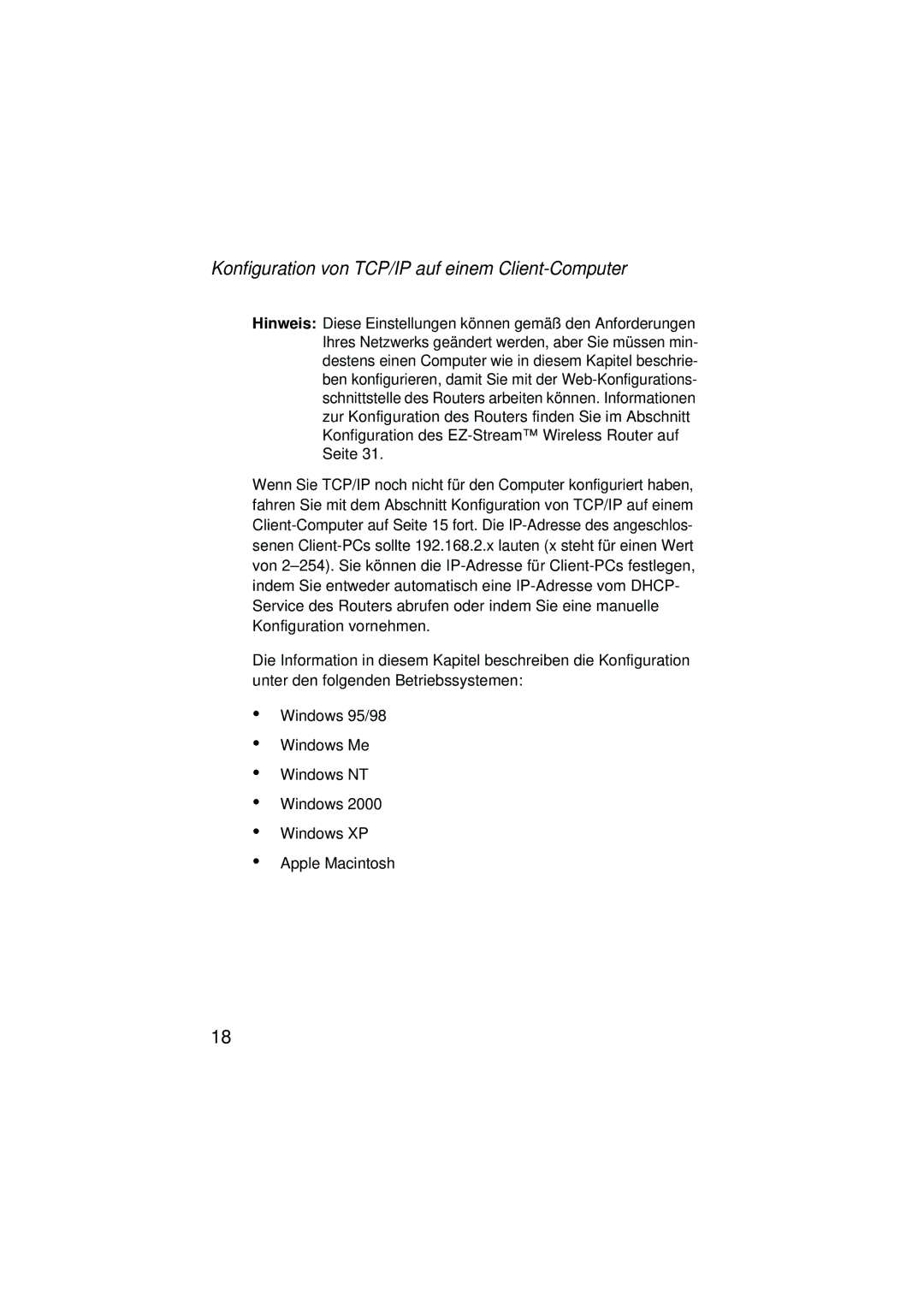 SMC Networks SMC2304WBRA-AG manual Konfiguration von TCP/IP auf einem Client-Computer 