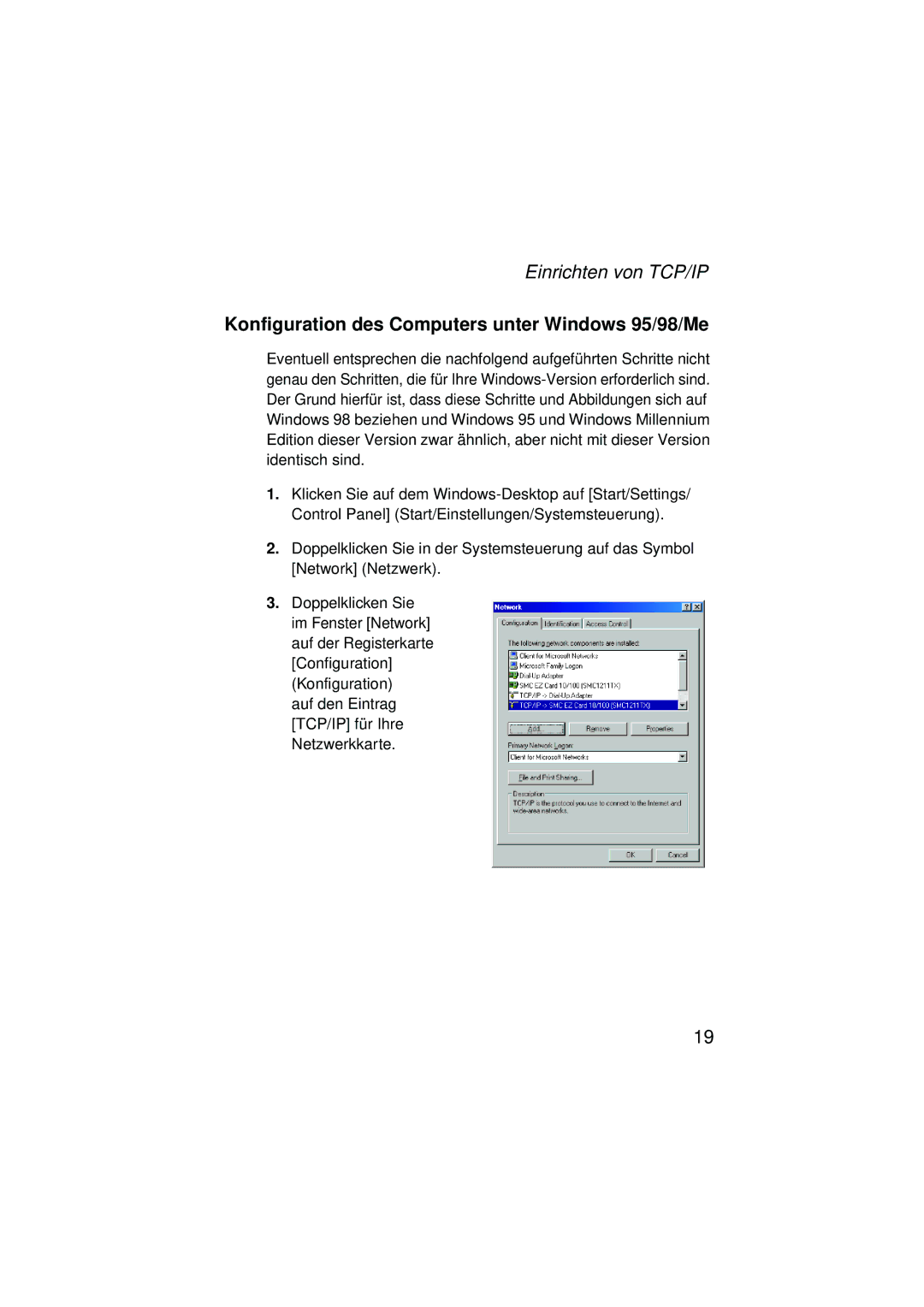 SMC Networks SMC2304WBRA-AG manual Konfiguration des Computers unter Windows 95/98/Me 