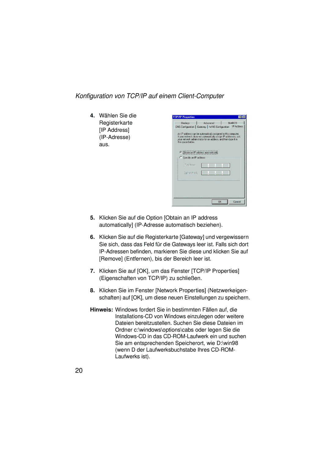 SMC Networks SMC2304WBRA-AG manual Konfiguration von TCP/IP auf einem Client-Computer 