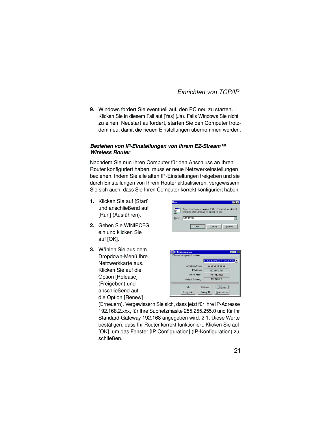 SMC Networks SMC2304WBRA-AG manual Einrichten von TCP/IP 