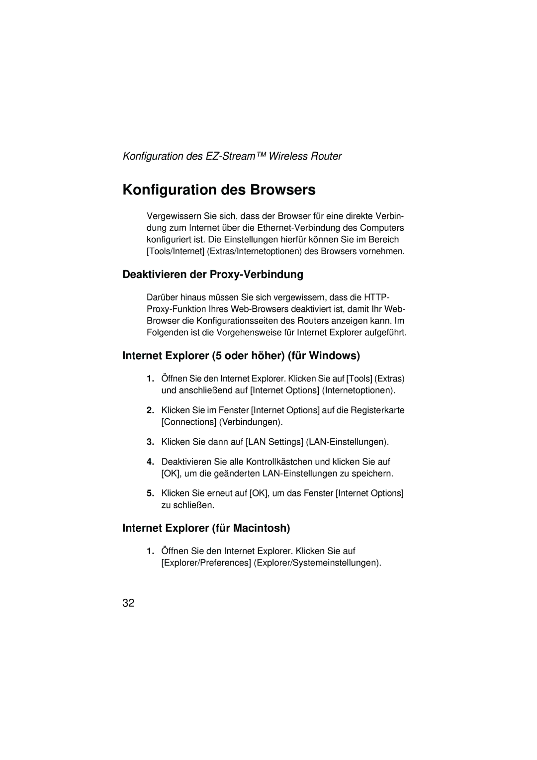 SMC Networks SMC2304WBRA-AG manual Konfiguration des Browsers, Konfiguration des EZ-Stream Wireless Router 