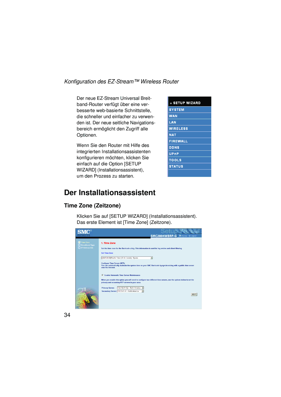 SMC Networks SMC2304WBRA-AG manual Der Installationsassistent, Time Zone Zeitzone 