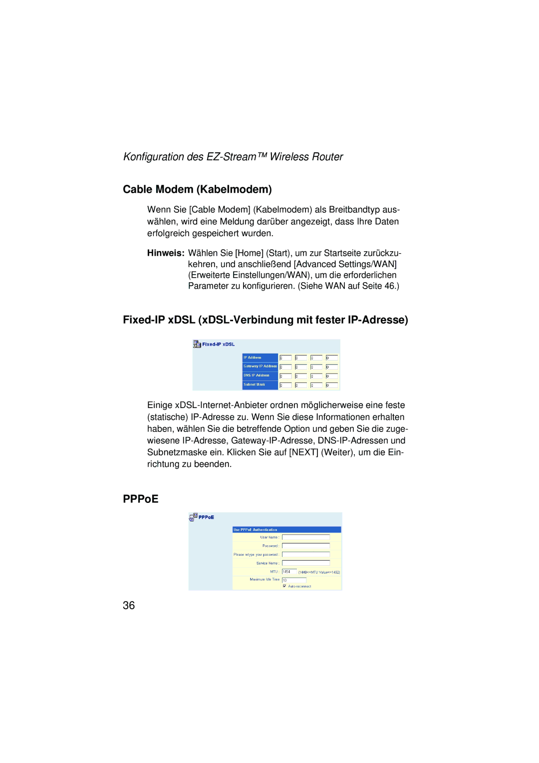 SMC Networks SMC2304WBRA-AG manual Cable Modem Kabelmodem, Fixed-IP xDSL xDSL-Verbindung mit fester IP-Adresse, PPPoE 