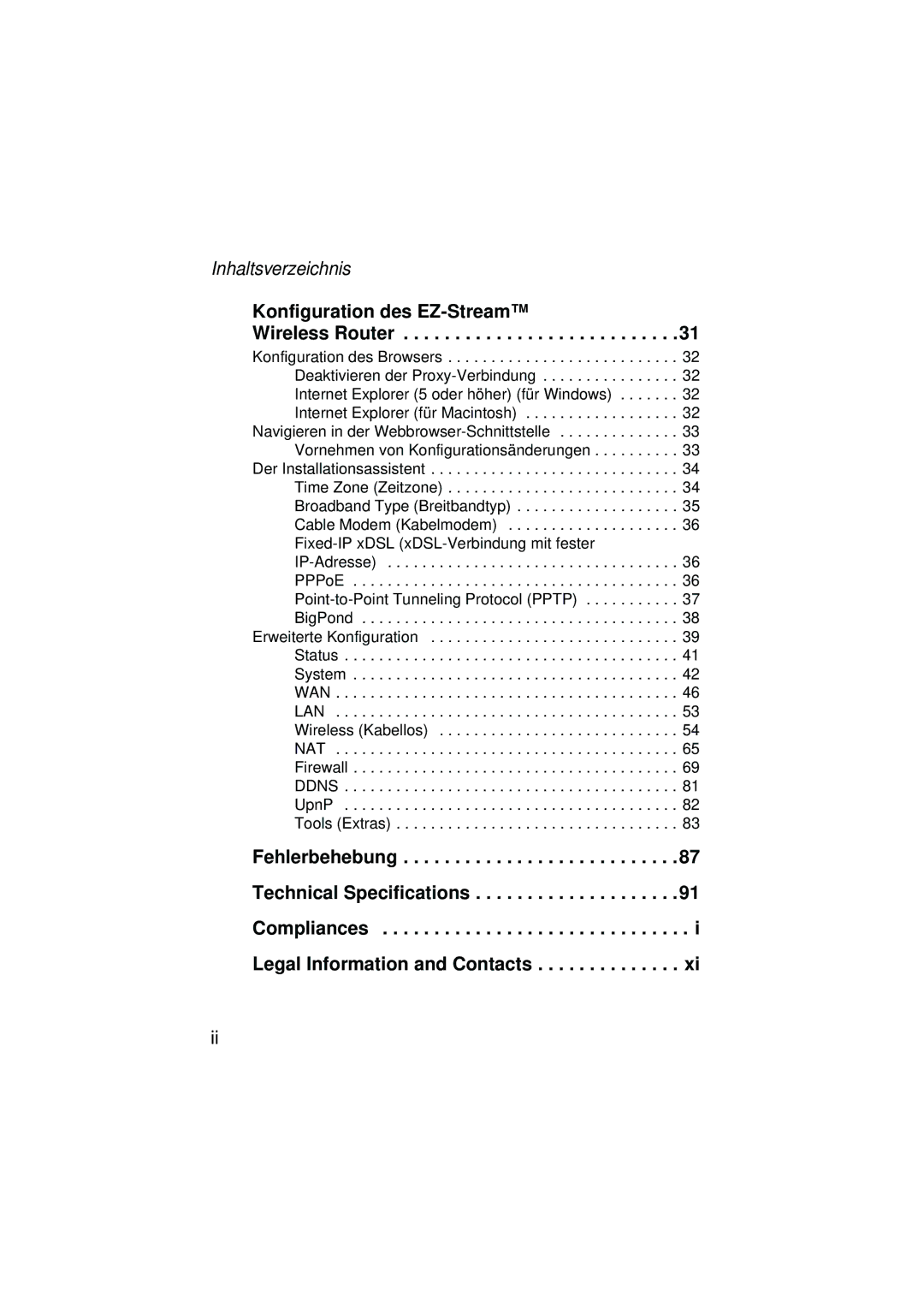 SMC Networks SMC2304WBRA-AG manual Inhaltsverzeichnis, Konfiguration des EZ-Stream Wireless Router 