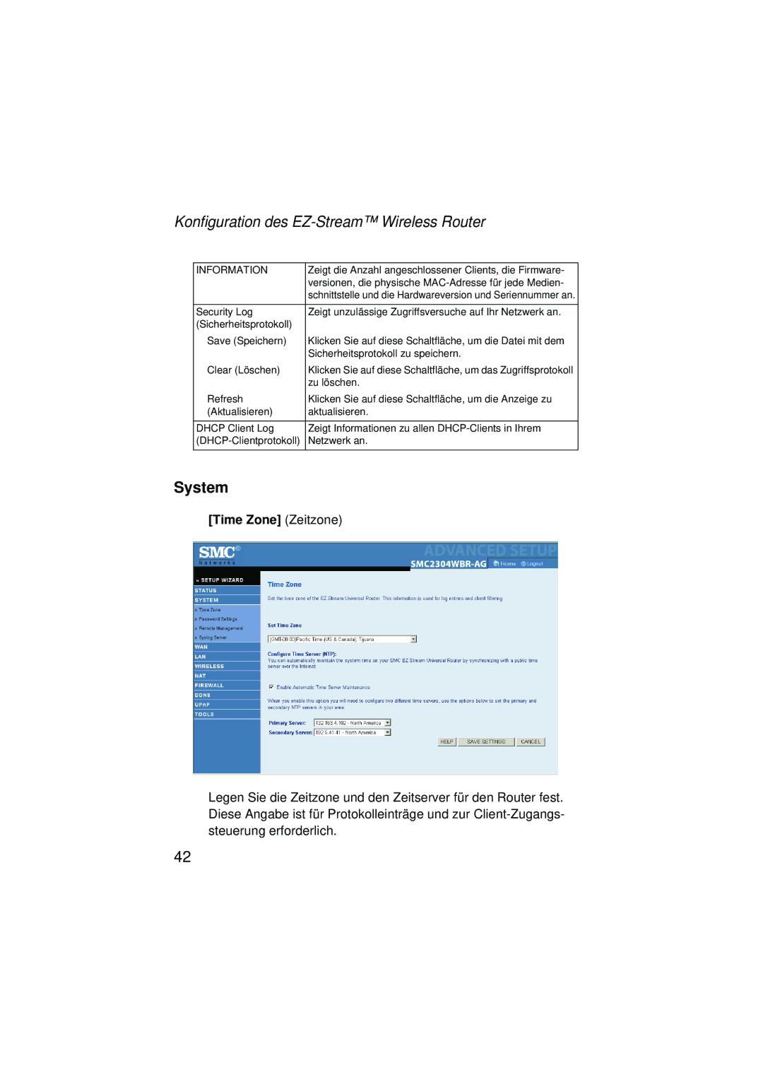 SMC Networks SMC2304WBRA-AG manual System, Time Zone Zeitzone 