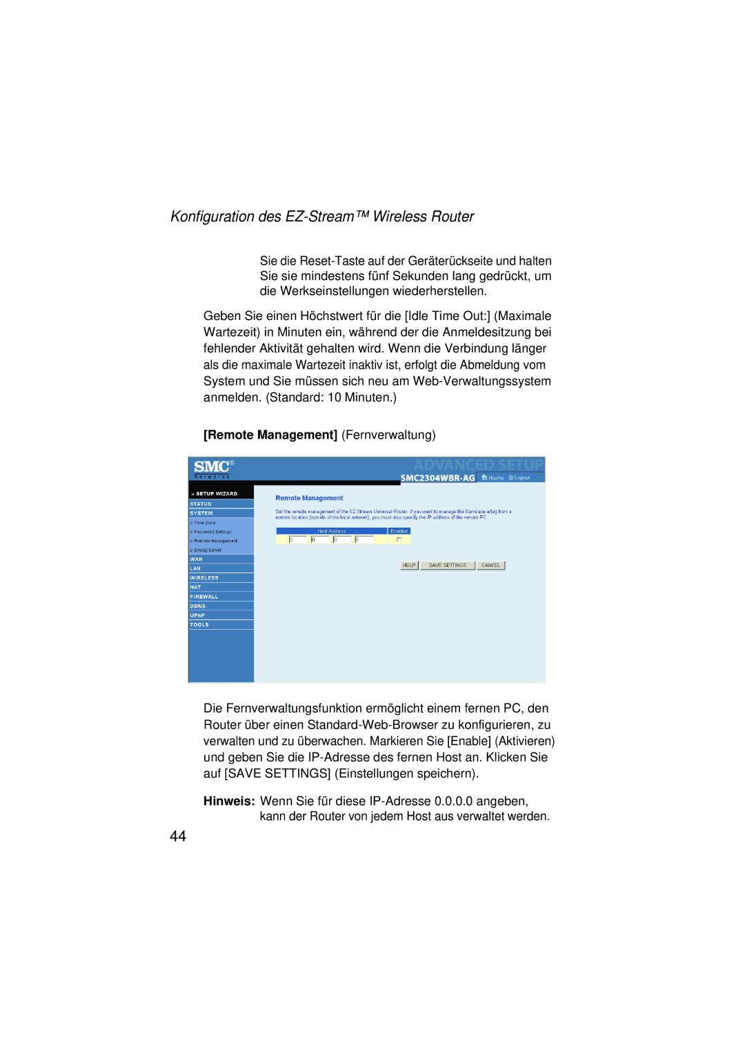 SMC Networks SMC2304WBRA-AG manual Remote Management Fernverwaltung 