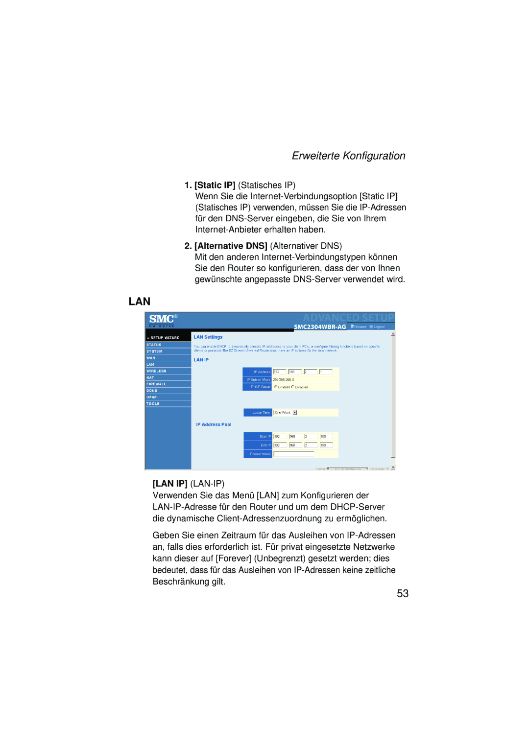 SMC Networks SMC2304WBRA-AG manual Lan, Alternative DNS Alternativer DNS 